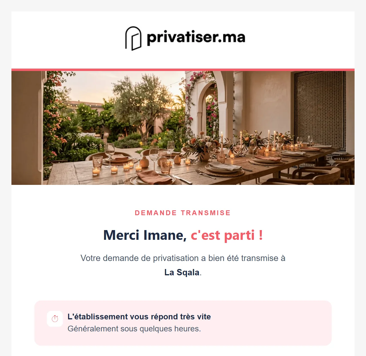 L'e-mail reçu après l'envoi d'une demande de privatisation