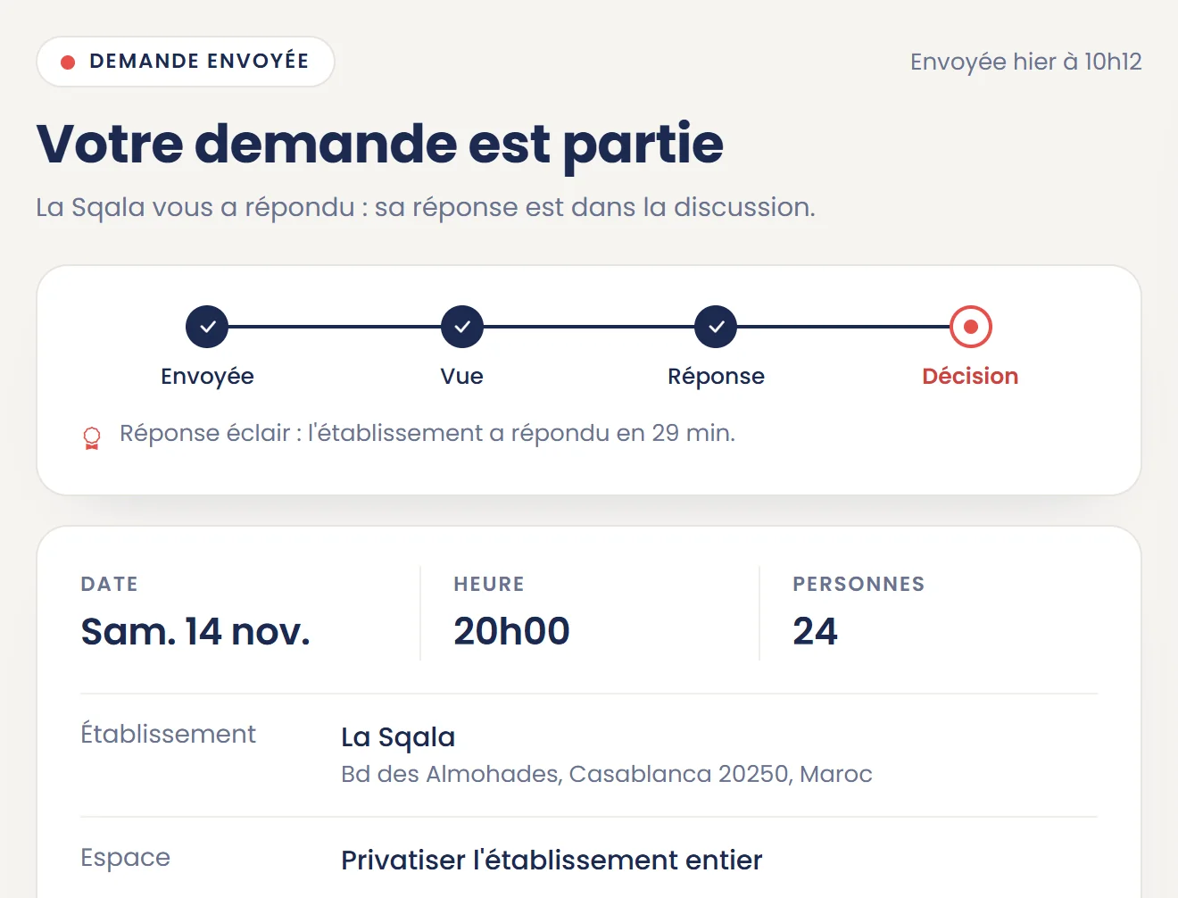 La page de suivi d'une demande : étapes, date, heure et nombre de personnes