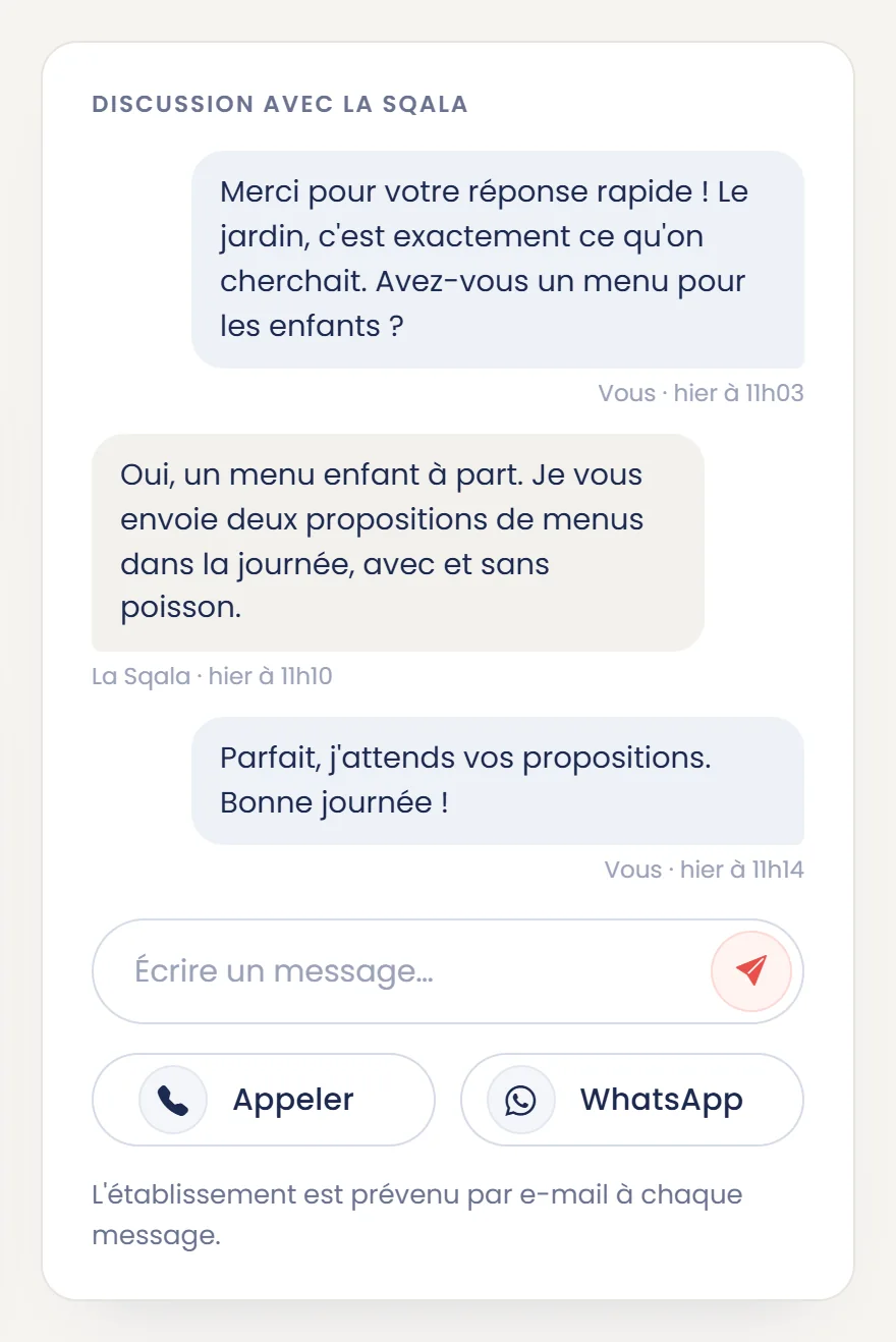 La discussion avec l'établissement, avec les boutons Appeler et WhatsApp
