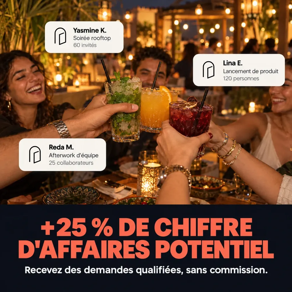 Des organisateurs trinquent sur une terrasse : plus de chiffre d'affaires grâce aux demandes qualifiées, sans commission
