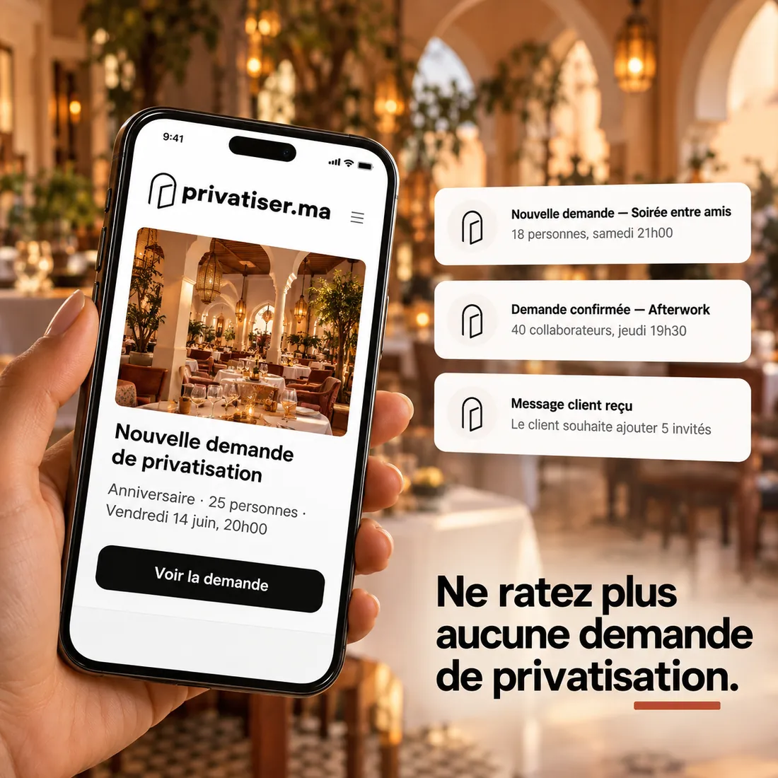 Un téléphone affiche une nouvelle demande de privatisation sur privatiser.ma, avec les notifications des demandes reçues